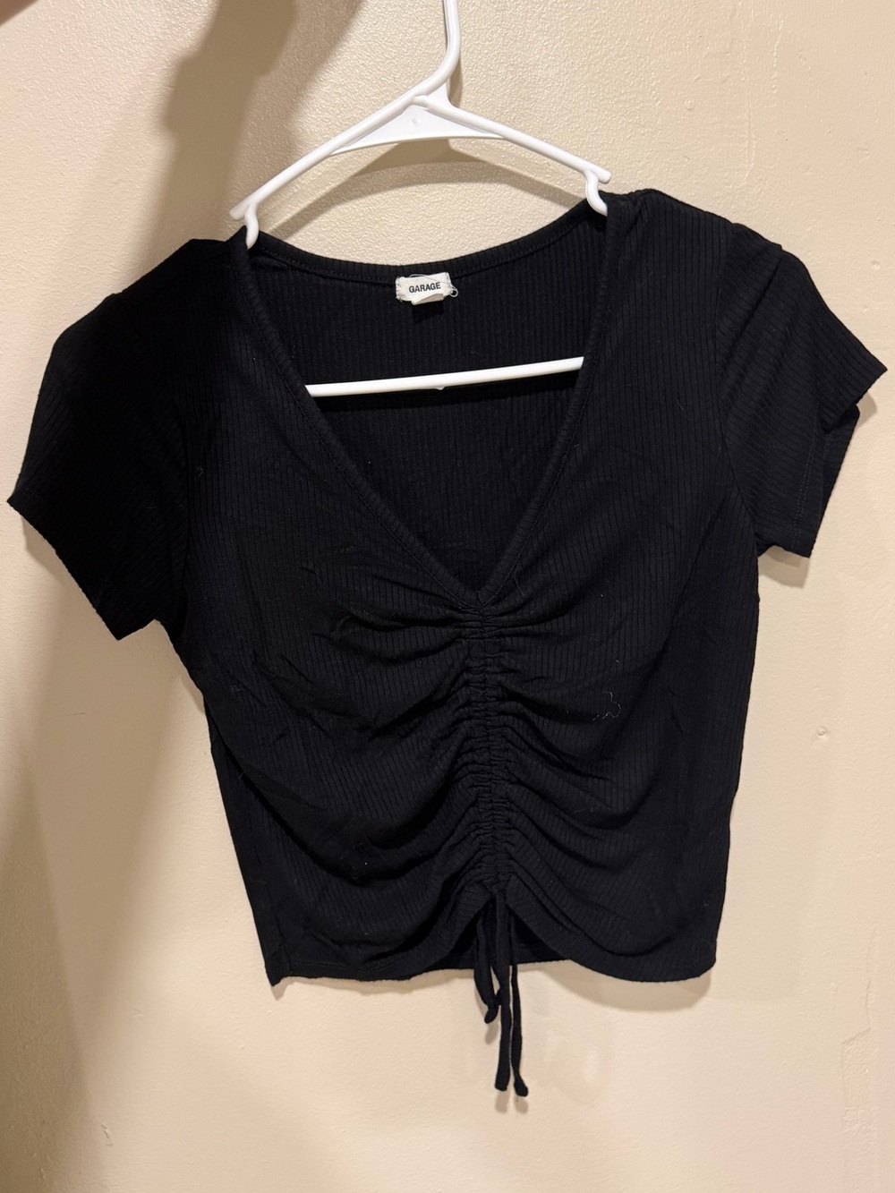 Garage Black Ruched V-Neck Drawstring Crop Top